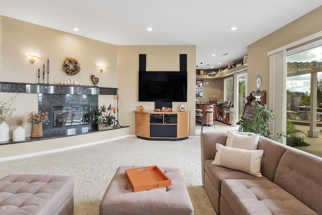 living room featuring light carpet