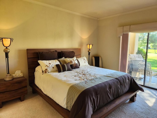 bedroom with light carpet, ornamental molding, and access to outside