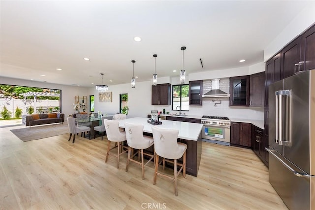 kitchen featuring premium appliances, light hardwood / wood-style flooring, a healthy amount of sunlight, and wall chimney range hood