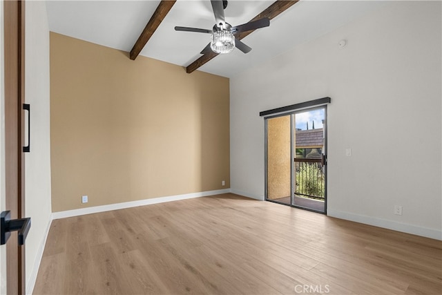 unfurnished room with light hardwood / wood-style floors, beam ceiling, and ceiling fan