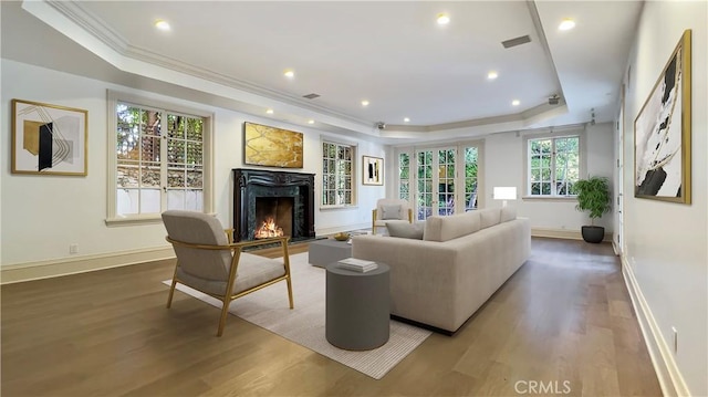 living room with a fireplace, a tray ceiling, ornamental molding, and hardwood / wood-style floors