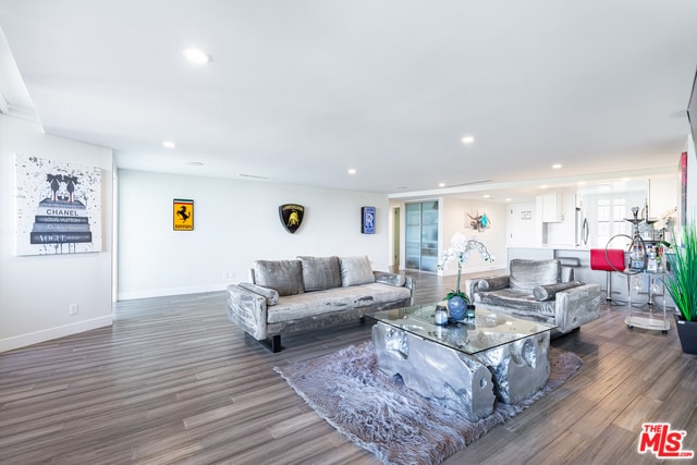 living room featuring dark wood-type flooring