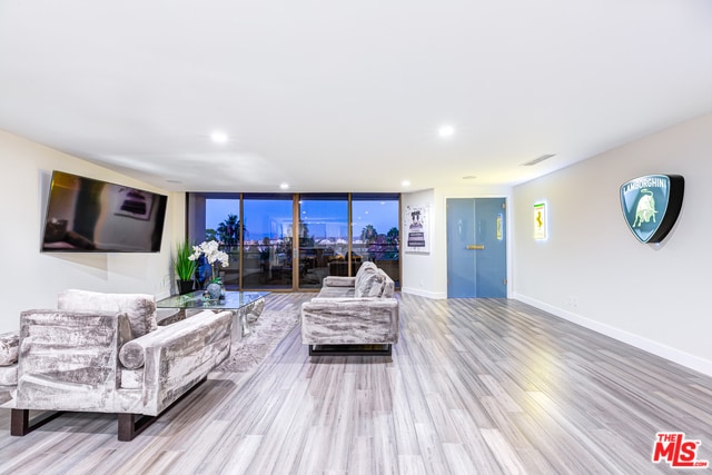 living room with floor to ceiling windows and hardwood / wood-style floors