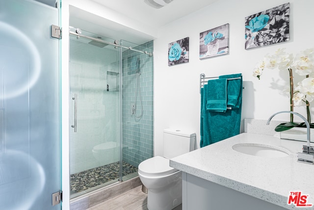 bathroom featuring toilet, vanity, and an enclosed shower