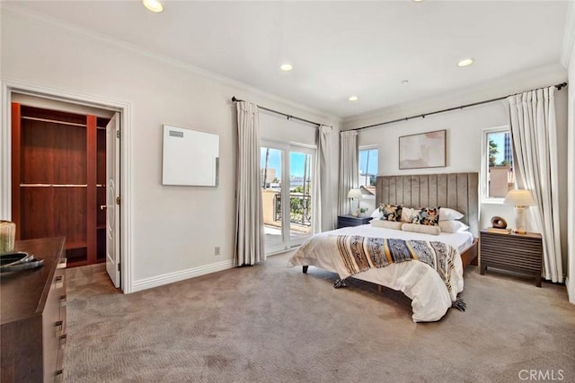 carpeted bedroom with access to outside and ornamental molding