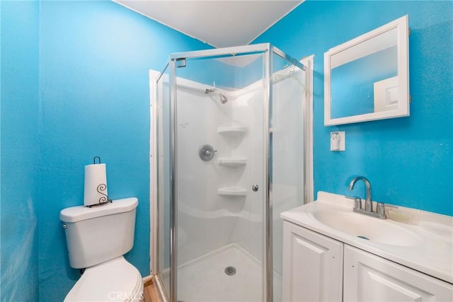 full bathroom with toilet, a shower stall, and vanity