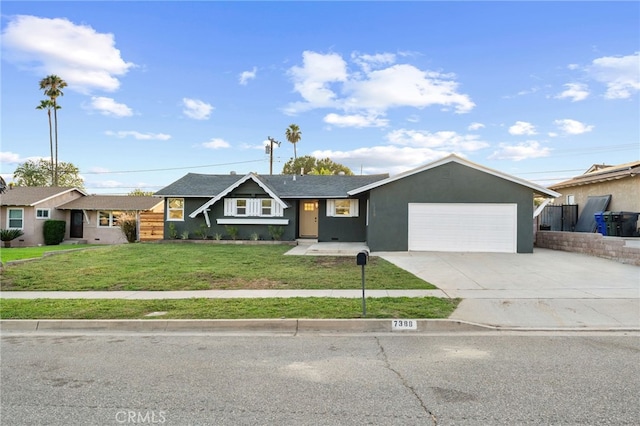 single story home with a garage and a front yard