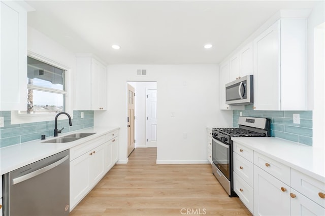 kitchen featuring appliances with stainless steel finishes, backsplash, sink, white cabinets, and light hardwood / wood-style floors