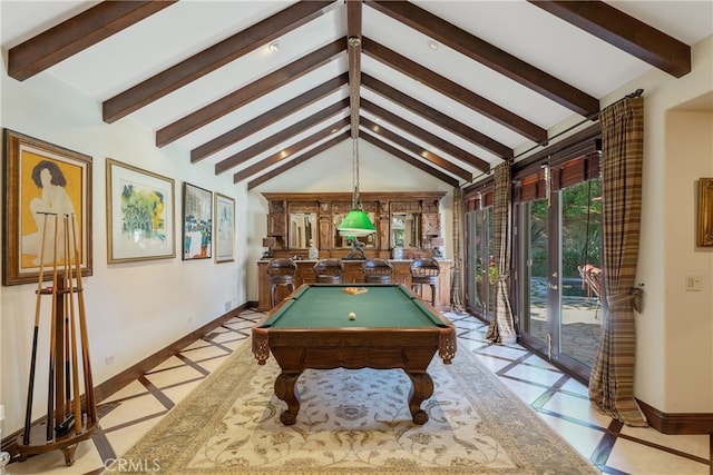 rec room with baseboards, billiards, and vaulted ceiling with beams