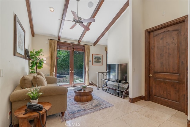 living room featuring light tile patterned floors, baseboards, lofted ceiling with beams, and ceiling fan