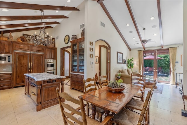 dining space with arched walkways, visible vents, beamed ceiling, and high vaulted ceiling