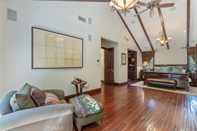 living room featuring visible vents, ceiling fan with notable chandelier, high vaulted ceiling, and wood-type flooring