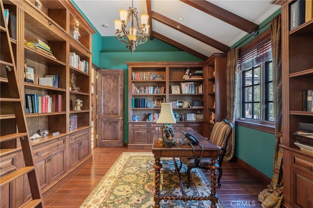 home office featuring lofted ceiling with beams, baseboards, dark wood-type flooring, and an inviting chandelier