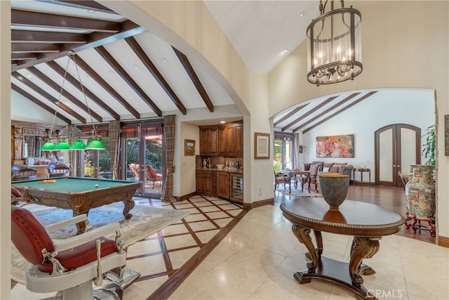 rec room featuring billiards, baseboards, high vaulted ceiling, recessed lighting, and arched walkways