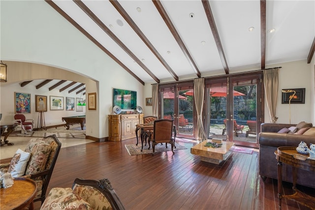 living room featuring beamed ceiling, french doors, high vaulted ceiling, and dark wood-type flooring