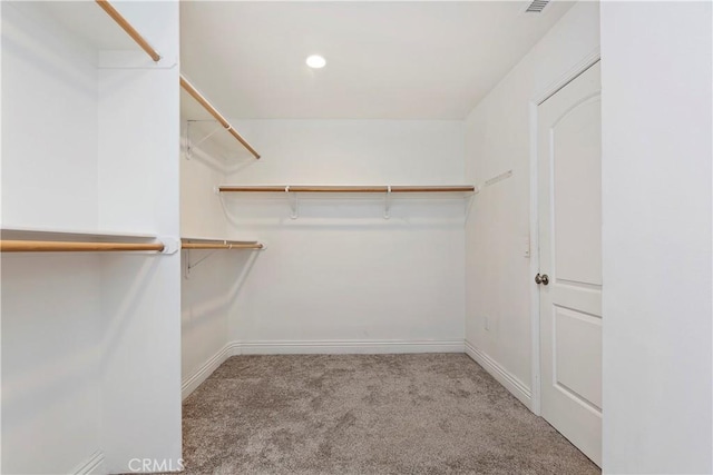 spacious closet featuring light colored carpet