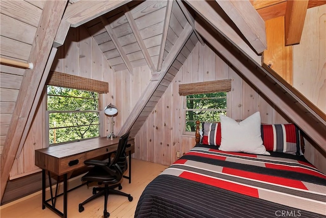 bedroom with light hardwood / wood-style floors, wood walls, lofted ceiling, and wooden ceiling