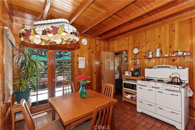 dining area featuring beamed ceiling, wooden ceiling, and wooden walls