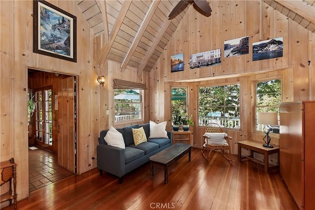 interior space featuring high vaulted ceiling, a healthy amount of sunlight, and wood walls