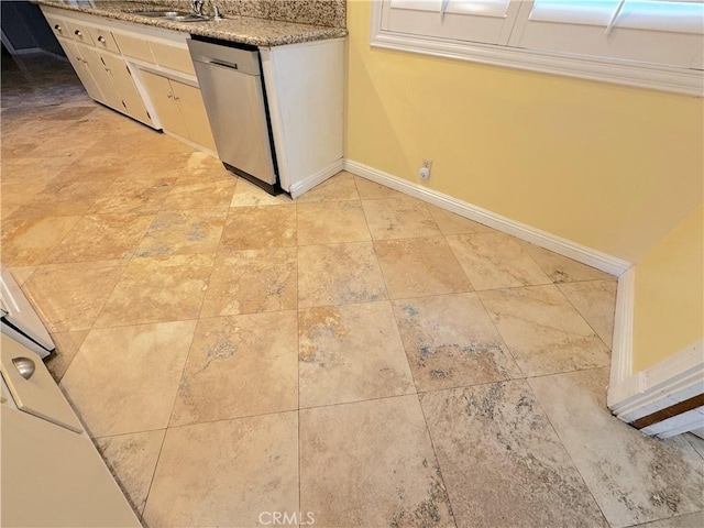 details featuring light stone counters, sink, white cabinets, and stainless steel dishwasher