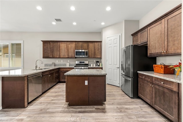 kitchen featuring visible vents, a peninsula, a kitchen island, appliances with stainless steel finishes, and a sink