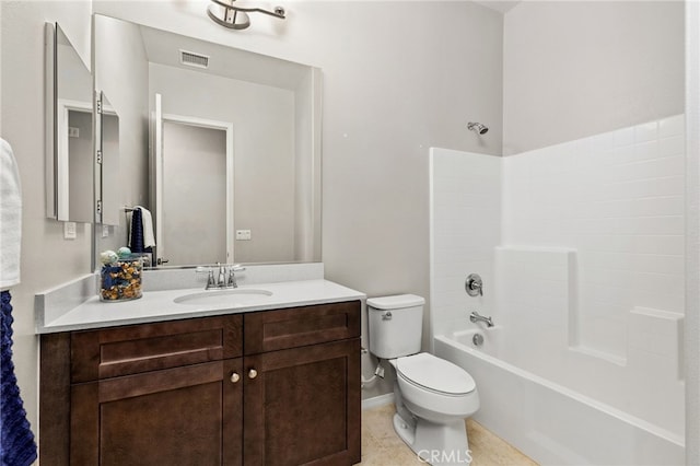 bathroom featuring tub / shower combination, visible vents, toilet, tile patterned floors, and vanity