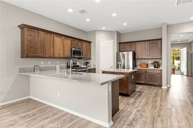 kitchen featuring a sink, a center island, light wood-style flooring, stainless steel appliances, and visible vents