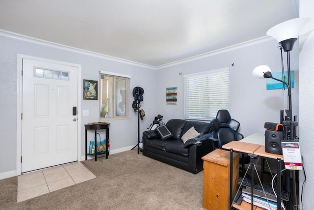 living room with crown molding and light colored carpet