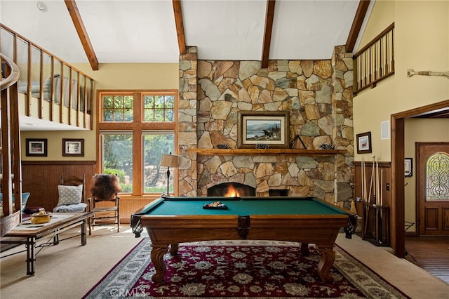 recreation room with a fireplace, beamed ceiling, billiards, and high vaulted ceiling