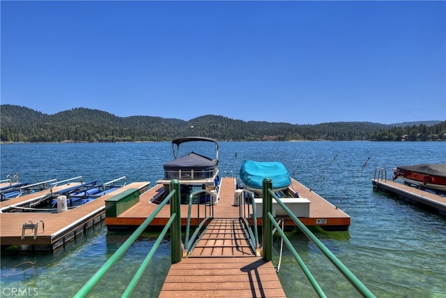 view of dock featuring a water and mountain view