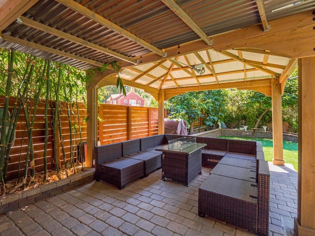 view of patio / terrace with a gazebo and outdoor lounge area