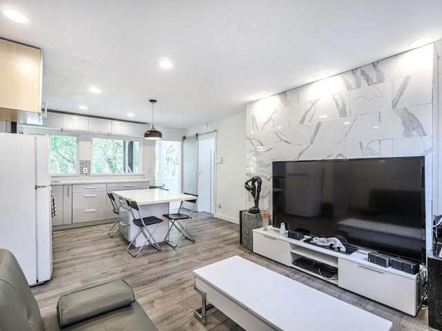 living room with a barn door and light hardwood / wood-style floors