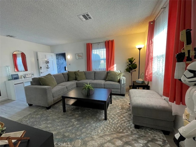 living room with a textured ceiling