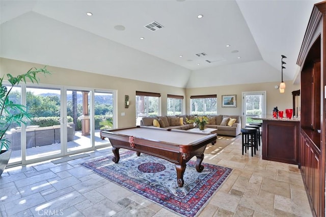 game room featuring high vaulted ceiling, plenty of natural light, and pool table