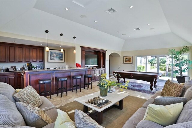 living room with indoor bar and billiards