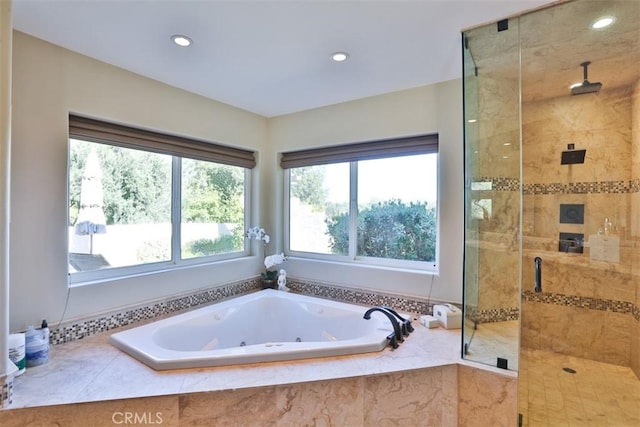 bathroom with separate shower and tub and a healthy amount of sunlight