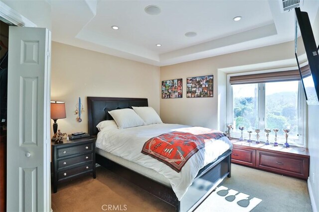 carpeted bedroom with a raised ceiling