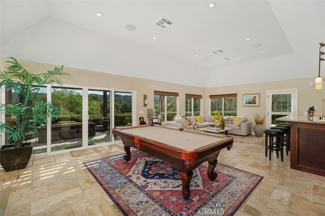 41565 Avenida Conchita, Murrieta, CA 92562 - rec room featuring stone tile flooring, pool table, recessed lighting, and high vaulted ceiling