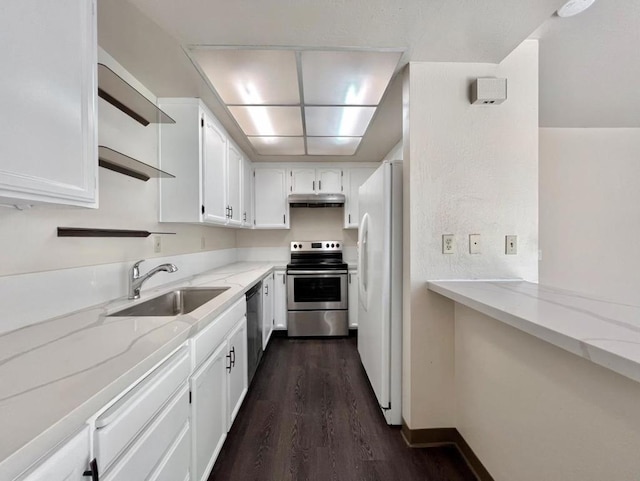 kitchen featuring appliances with stainless steel finishes, white cabinetry, sink, dark hardwood / wood-style floors, and light stone counters