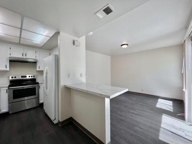 kitchen with white refrigerator with ice dispenser, white cabinets, electric range, kitchen peninsula, and dark hardwood / wood-style flooring