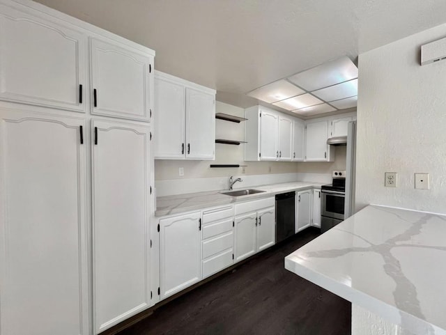 kitchen featuring light stone countertops, white cabinets, black dishwasher, sink, and electric range