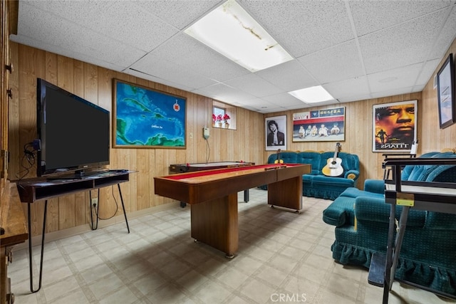 rec room featuring billiards, wooden walls, and tile patterned floors