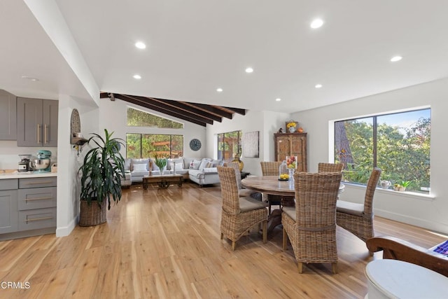 dining room with light hardwood / wood-style floors, plenty of natural light, and vaulted ceiling