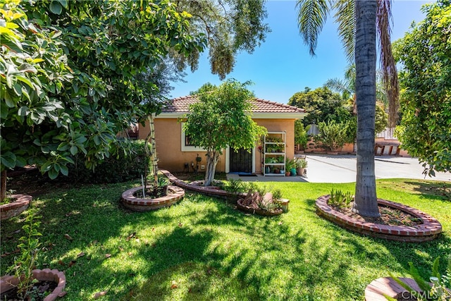 view of front of home with a front yard and a patio