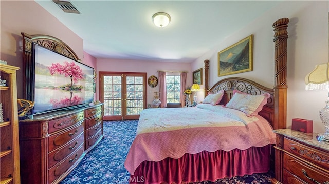 bedroom featuring dark carpet