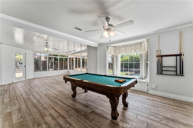 game room with pool table, light hardwood / wood-style floors, vaulted ceiling, and ceiling fan