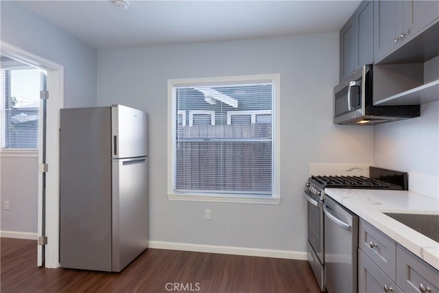 kitchen with dark hardwood / wood-style flooring, gray cabinets, and stainless steel appliances