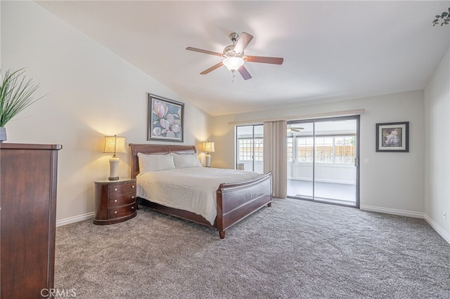 carpeted bedroom with lofted ceiling, ceiling fan, and access to outside