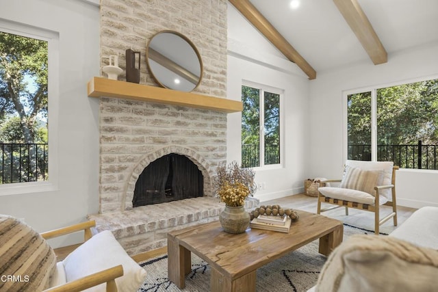 living room featuring a healthy amount of sunlight, light wood-type flooring, and a fireplace