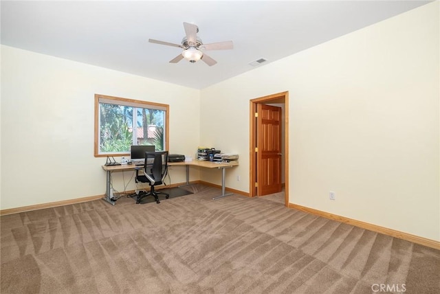 office space featuring carpet floors and ceiling fan